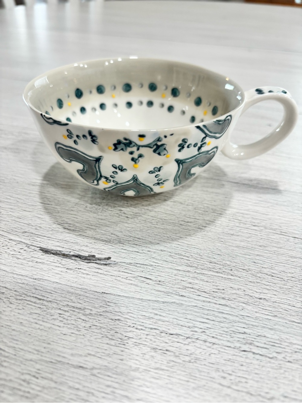 ANTHROPOLOGIE Ivory Blue Yellow Textured FANDOLINE Mug Cup Mediterranean Print